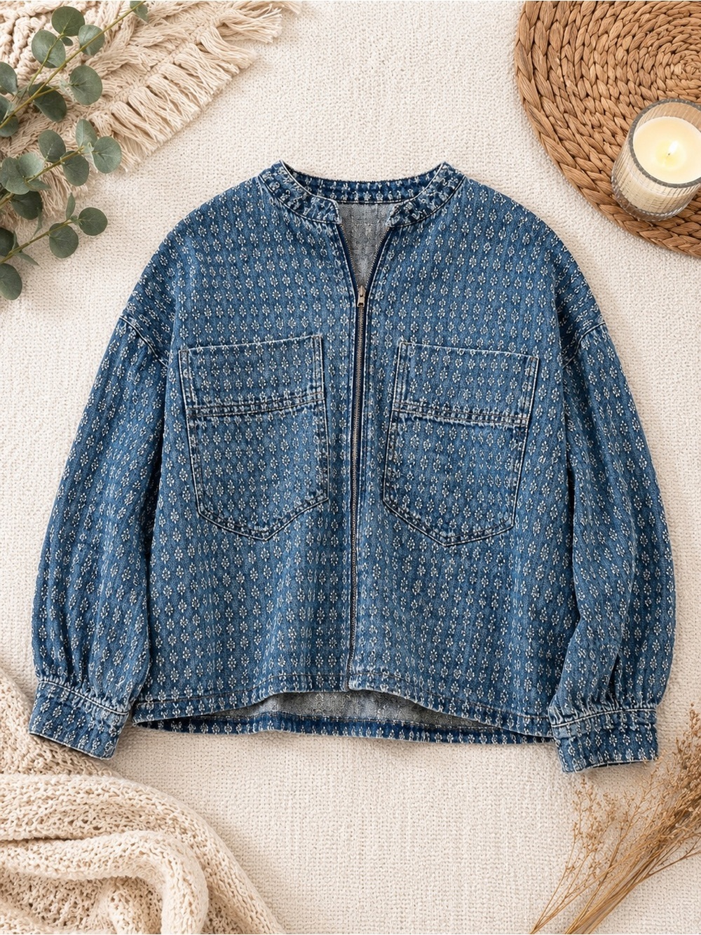 Mazik Textured Blue Denim Boho Stylish Vintage Full Zip Jacket L